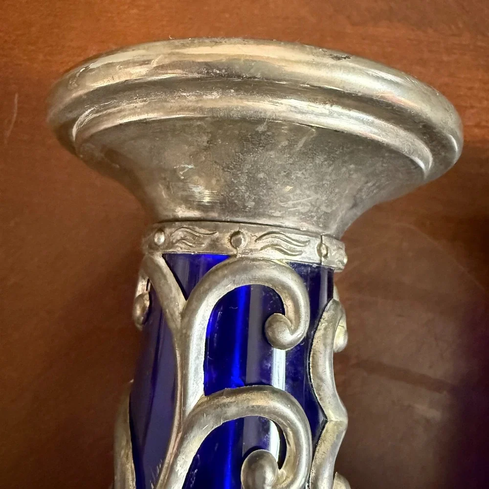 Vtg Cobalt Blue Glass Cased Vine Scroll Metal Pillar Candle Holder Set 2‎ Read